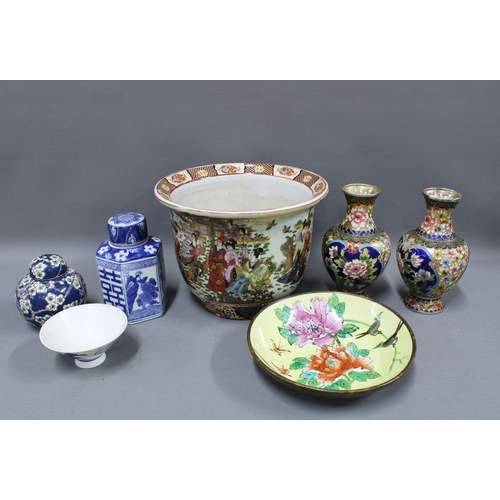 175 - Mixed to include a pair of cloisonne vases, chinoiserie planter, Chinese prunus jar and cover, Chine... 