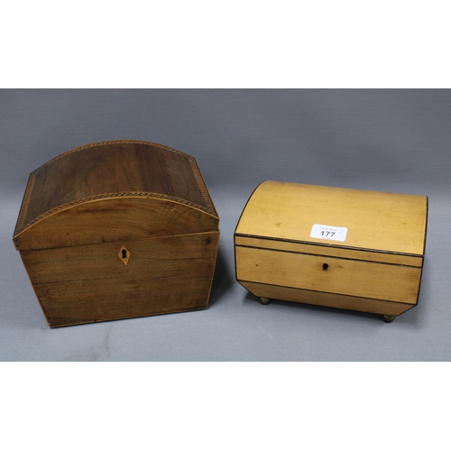 177 - Mahogany and chequer banded work box with a domed lid and void interior, 22 x 19cm, together with an... 