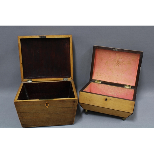 177 - Mahogany and chequer banded work box with a domed lid and void interior, 22 x 19cm, together with an... 