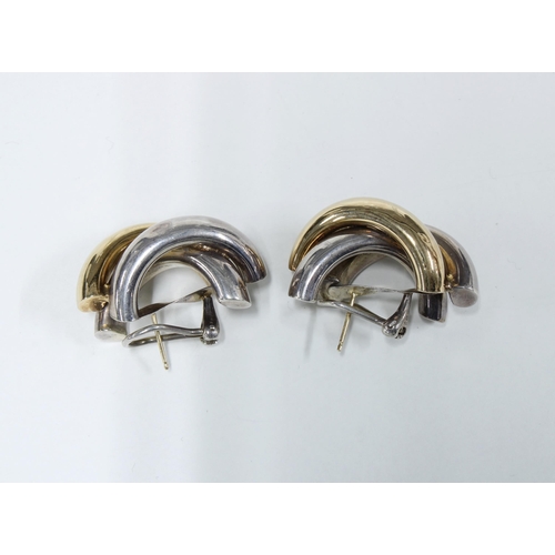 24 - Pair of vintage half hoop earrings comprising one yellow metal panel and two white metal panels, sta... 