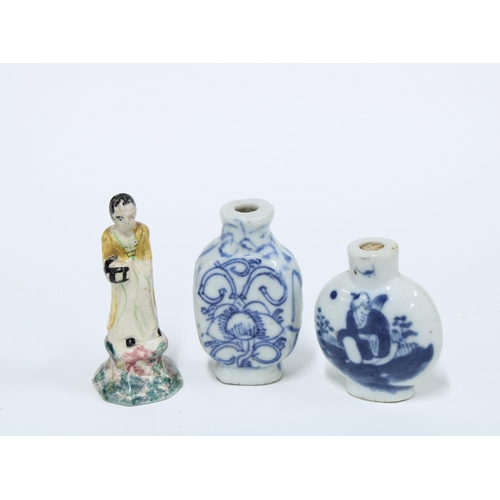 58 - Two Chinese blue and white snuff bottles (no stoppers), miniature Staffordshire figure (a/f), Indian... 