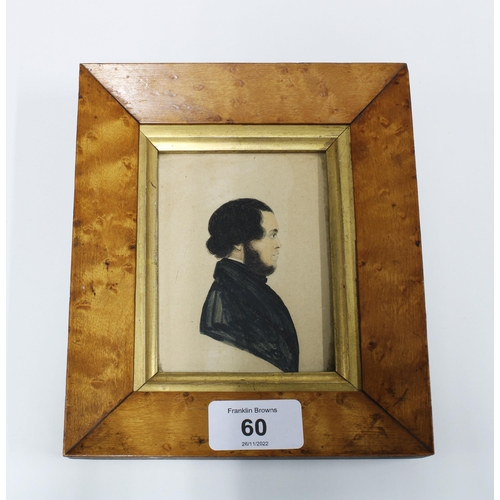 60 - Portrait miniature, silhouette style, within a burr frame, size overall 15 x 17cm