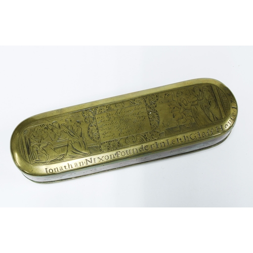 61 - Engraved brass and copper tobacco box, the lid inscribed 'Jonathan Nixon, founder in Leith Glass Hou... 