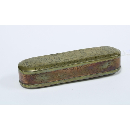 61 - Engraved brass and copper tobacco box, the lid inscribed 'Jonathan Nixon, founder in Leith Glass Hou... 