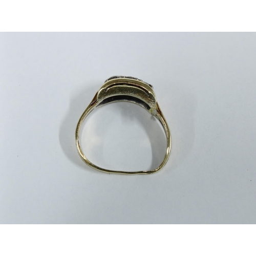 7 - Yellow metal ring with three claw set diamonds, band misshapen (a/f)