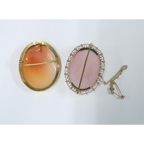 6 - 18ct gold framed Cameo brooch3.5cm long, together with a yellow metal brooch with pink polished hard... 