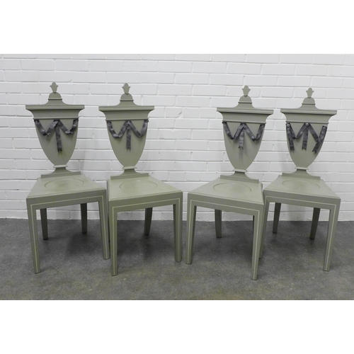 341 - Set of four grey painted hall style chairs with urn shaped backs with metal ribbon details, 99 x 40 ... 