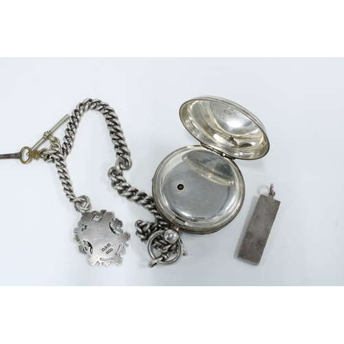 100 - Silver open faced pocket watch with silver albert watch chain and silver fob medal together with a s... 