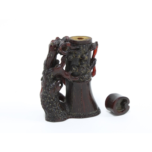 112 - Carved Chinese horn snuff bottle and cover formed as bamboo and pine, 9cm high