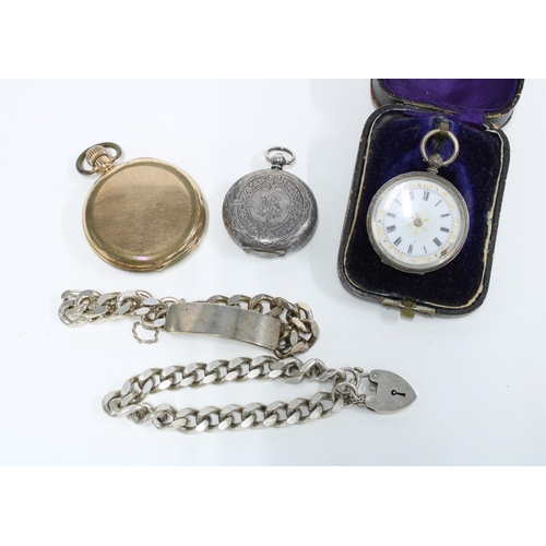 14 - Elgin gold plated full hunter pocket watch and two continental silver case fob watches with two silv... 