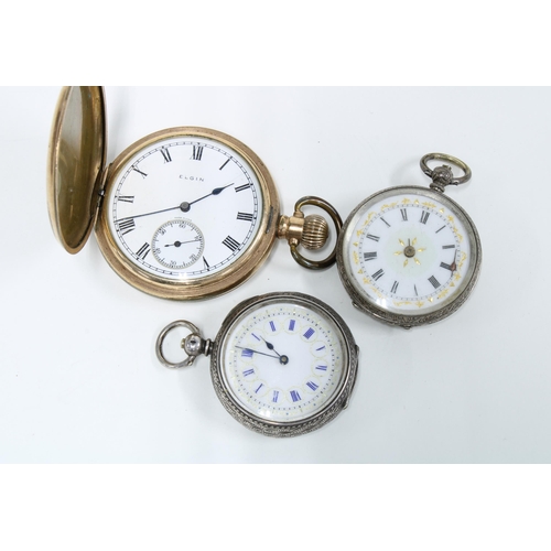 14 - Elgin gold plated full hunter pocket watch and two continental silver case fob watches with two silv... 