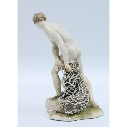 142 - 19th century German porcelain figure of a naked hunter, with blue Ludwigsburg mark to the base. 19cm... 