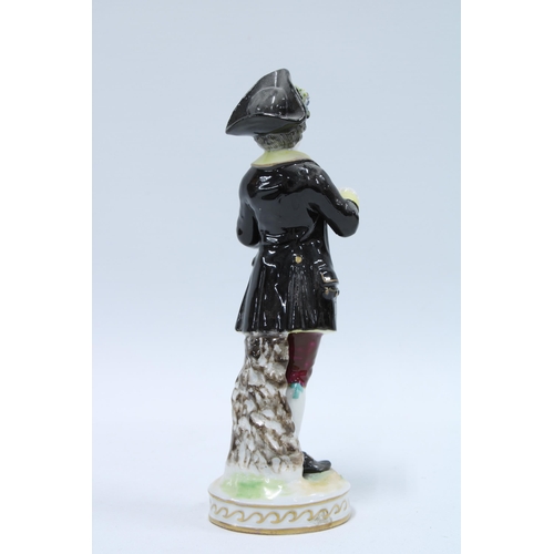 143 - Continental porcelain figure of a violinist, on a circular gilt lined base, blue R backstamp 20cm.