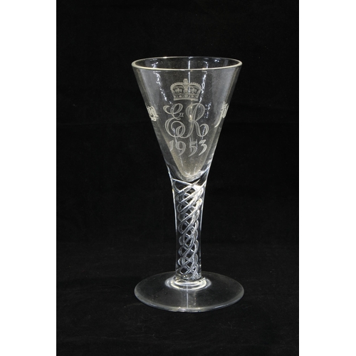 145 - ERII 1953 etched glass goblet with spiral twist stem 19cm.