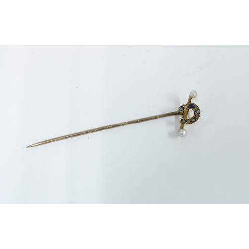 15 - 15ct gold seed pearl and gemset horseshoe tie pin