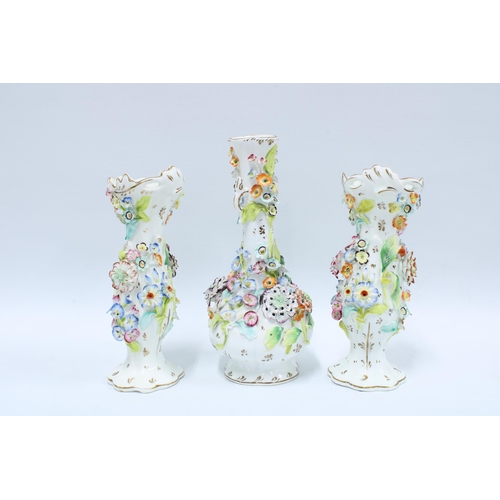 153 - Garniture of Coalbrookdale type floral encrusted vases (a/f) (3) 27cm.