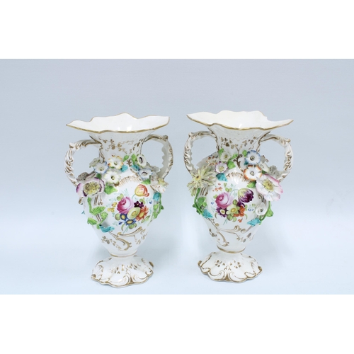 155 - Pairi fo Coalbrookdale type floral encrusted vases (a/f) (2) 27cm.