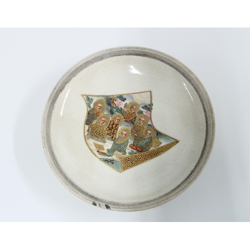 162 - Japanese Satsuma bowl of lobed form, its cover painted with figures, with gods to the interior, on a... 