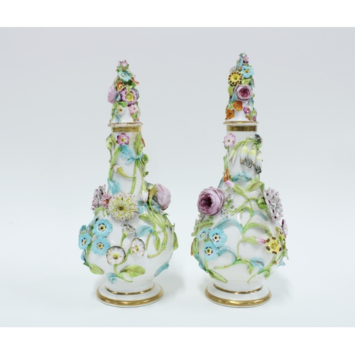 166 - A pair of Coalbrookdale type floral encrusted vases  and covers  (2) (a/f) 28cm.