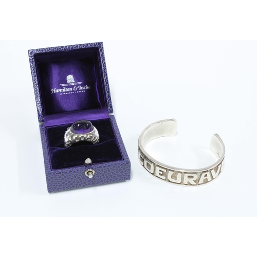 17 - Hamilton & Inches Moncoeur Aves silver and amethyst ring, Edinburgh 2000, together with matching sil... 