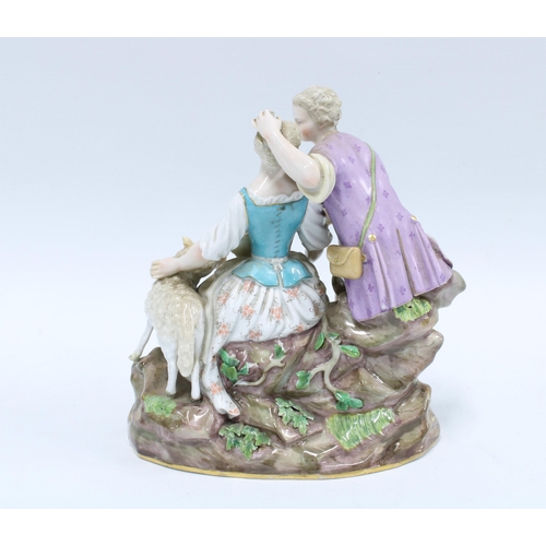 189 - 19th century porcelain figure group of a shepherdess and companion, blue crossed swords mark, (with ... 