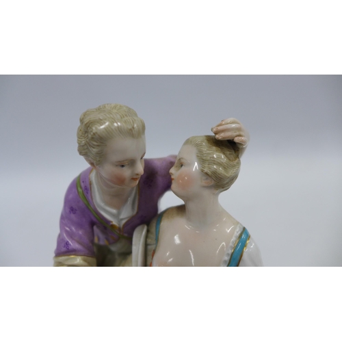 189 - 19th century porcelain figure group of a shepherdess and companion, blue crossed swords mark, (with ... 