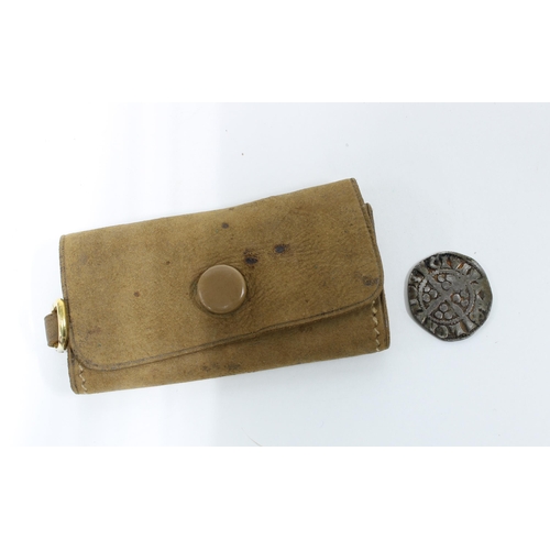 20 - Edward III (1312 - 1377) silver penny and a suede coin case