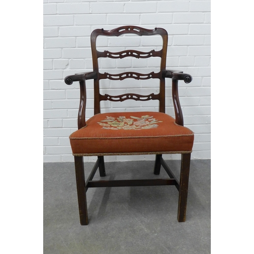 204 - 19th century mahogany open armchair with pierced ladderbacks, scrolling ams, upholstered stuff over ... 