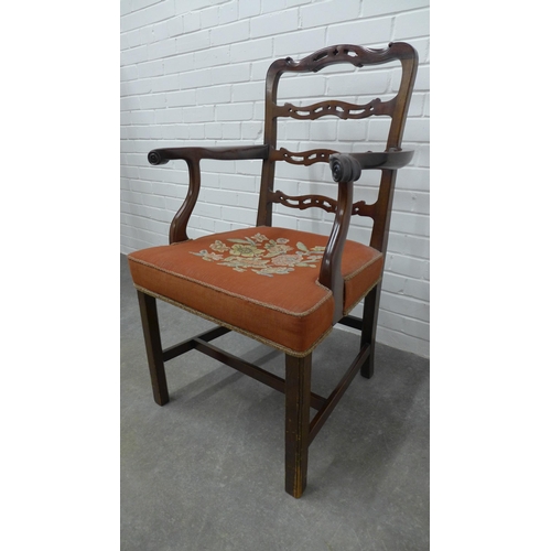 204 - 19th century mahogany open armchair with pierced ladderbacks, scrolling ams, upholstered stuff over ... 