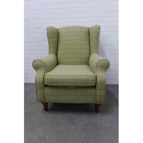 206 - Wing armchair upholstered with a stylish pale green chequered wool fabric, on wooden legs, 102 x 88 ... 