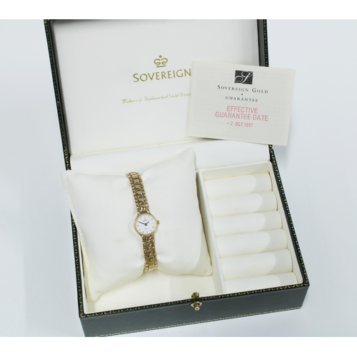 21 - Ladies 9ct gold Sovereign wrist watch on 9ct gold bracelet strap, complete with box