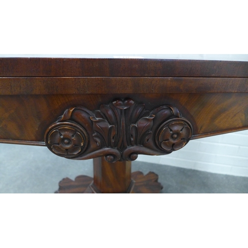 210 - 19th century mahogany tea table, foldover rectangular top over a frieze with carved acanthus leaves ... 