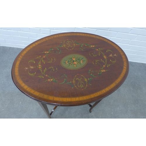 211 - Edwardian mahogany and satin inlaid occasional table, the oval top with lyre harps and flower garlan... 