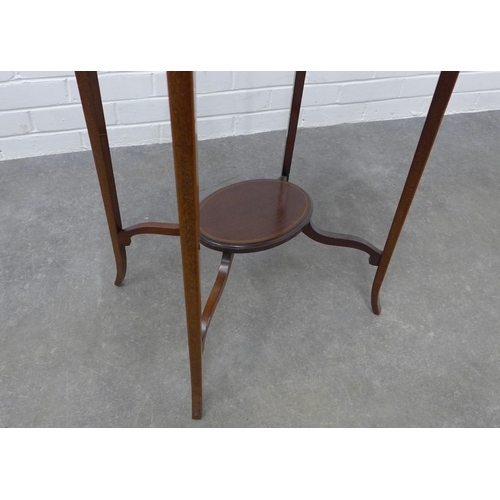 211 - Edwardian mahogany and satin inlaid occasional table, the oval top with lyre harps and flower garlan... 