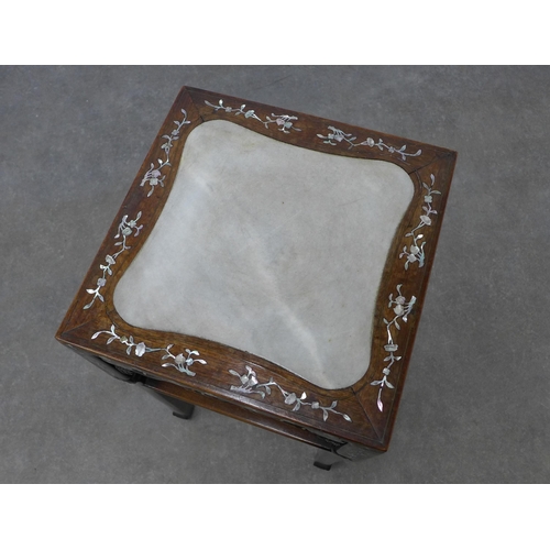 212 - Chinese mother of pearl inlaid two tier table, with inset square hardstone top, on square legs and s... 