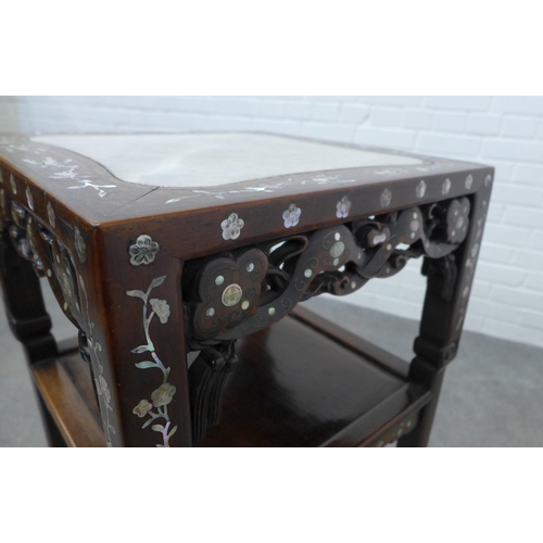 212 - Chinese mother of pearl inlaid two tier table, with inset square hardstone top, on square legs and s... 