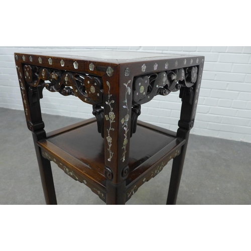 212 - Chinese mother of pearl inlaid two tier table, with inset square hardstone top, on square legs and s... 