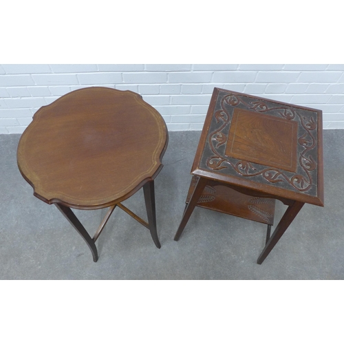 214 - Edwardian mahogany occasional table and another with a carved square top, 66 x 40cm  (2)