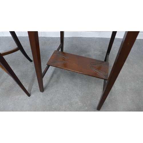 214 - Edwardian mahogany occasional table and another with a carved square top, 66 x 40cm  (2)