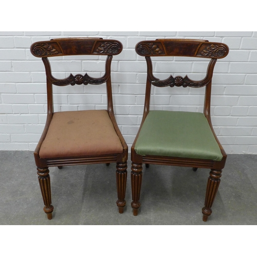 233 - Set of six william IV mahogany side chairs with carved bar backs and shaped mid rails, with upholste... 