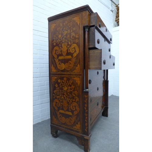 235 - 19th century Dutch marquetry tall chest with six long drawers, three of which are flanked by a colum... 