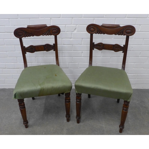 236 - Pair of William IV mahogany side chairs with scroll carved bar backs with shaped mid rails, upholste... 