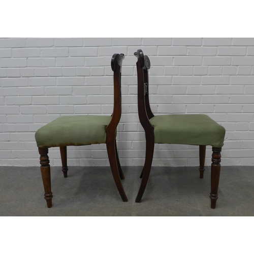 236 - Pair of William IV mahogany side chairs with scroll carved bar backs with shaped mid rails, upholste... 