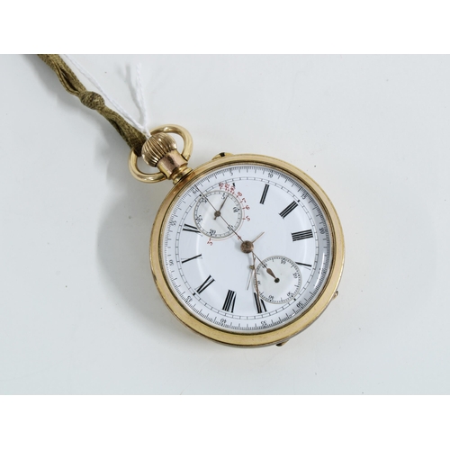 24 - Gold plated, double sided, open face chronograph tachymeter pocket watch, by Mensor