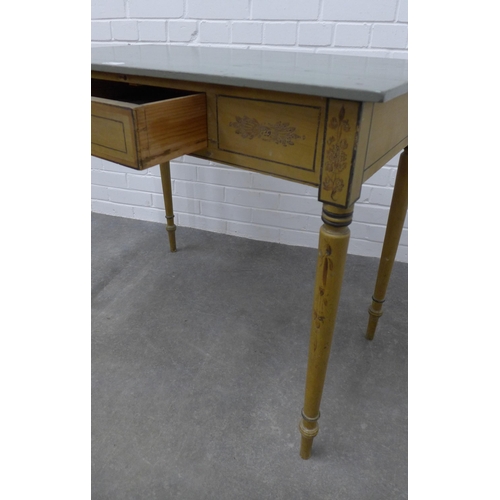 240 - Painted side table with plain rectangular top over a  floral painted frieze with central drawer, rai... 