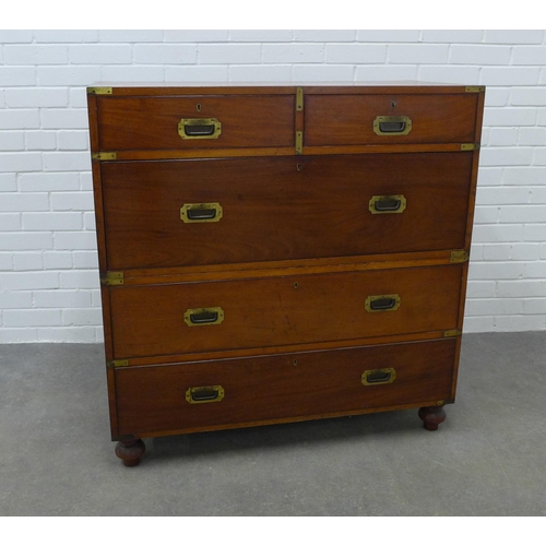 245 - 19th century mahogany two part campaign chest, brass mounted, sunken brass campaign handles, on bun ... 