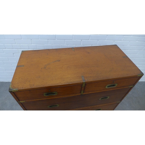 245 - 19th century mahogany two part campaign chest, brass mounted, sunken brass campaign handles, on bun ... 