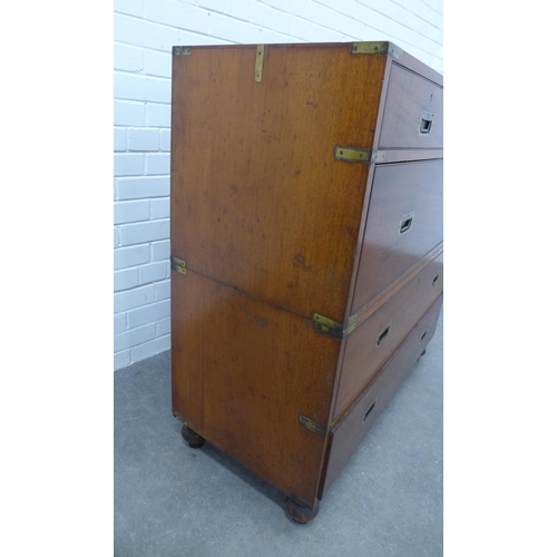 245 - 19th century mahogany two part campaign chest, brass mounted, sunken brass campaign handles, on bun ... 