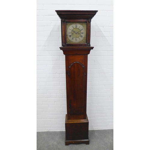 246 - Late 18th / early 19th century longcase clock by Jo Kirkwood, flat top over a brass dial with silver... 