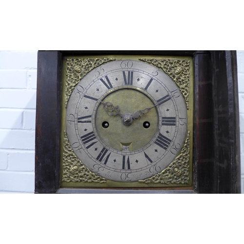 246 - Late 18th / early 19th century longcase clock by Jo Kirkwood, flat top over a brass dial with silver... 